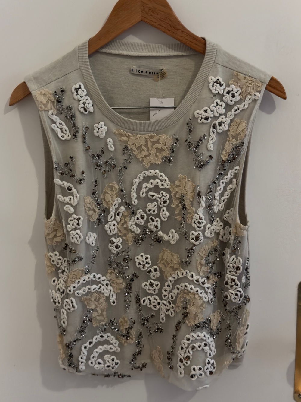 Alice + Olivia Embellished Lace Appliqué Sleeveless Tank in Taupe and White